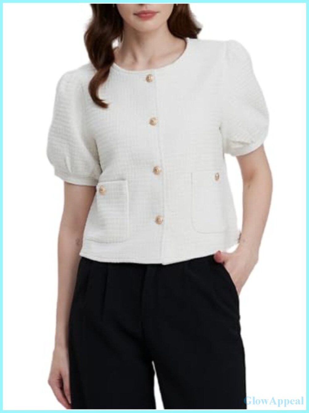 Tweed Cropped Blazer Puff Short Sleeve Collarless Gold Button Work Jacket